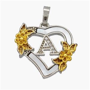 Copper Heart Pendant Pave Shell Zirconia Letter-A Platinum Plated 18K Gold Flower, approx 20mm