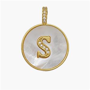 Copper Letter-S Pendant Pave Shell Zirconia Circle 18K Gold Plated, approx 18mm