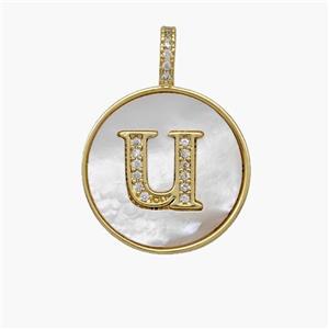 Copper Letter-U Pendant Pave Shell Zirconia Circle 18K Gold Plated, approx 18mm