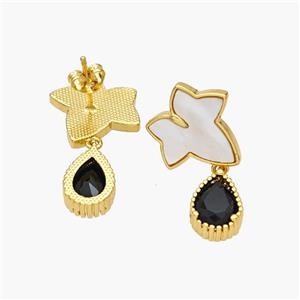 Copper Maple Leaf Stud Earrings Pave Shell Teardrop 18K Gold Plated, approx 8.5-12mm, 17mm