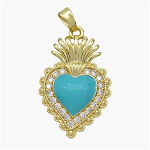 Copper Heart Pendant Pave Zirconia Teal Enamel Gold Plated, approx 17-24mm