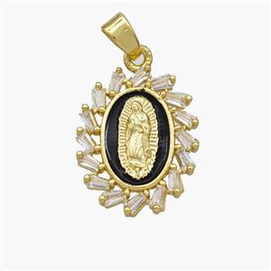 Virgin Mary Charms Copper Pendant Pave Zirconia Black Enamel Gold Plated, approx 14-18mm