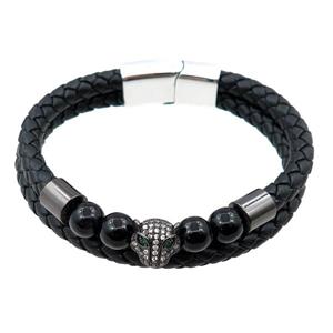 PU leather bracelet with magnetic clasp, copper leopard pave zircon, approx 12mm, 70mm dia
