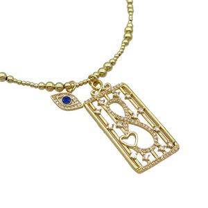 Copper Necklace Rectangle Card Pave Zircon Eye Gold Plated, approx 20-40mm, 7.5-13mm, 42-47cm length