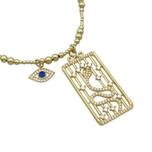 Copper Necklace Rectangle Card Pave Zircon Eye Gold Plated, approx 20-40mm, 7.5-13mm, 42-47cm length