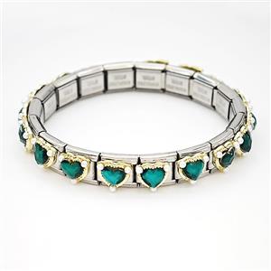 Stainless Steel Module Bracelet Heart Pave Green Crystal Glass, approx 9mm, 17cm length