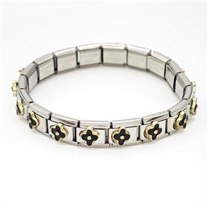 Stainless Steel Module Bracelet Clover Black Enamel, approx 9mm, 17cm length
