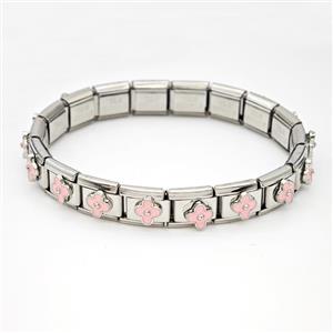 Stainless Steel Module Bracelet Clover Pink Enamel, approx 9mm, 17cm length