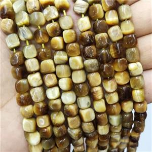 Tiger Eye Stone Cube Beads Gold, approx 7-8mm
