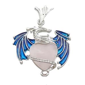 Alloy Dragon Pendant Pave Rose Quartz Heart Blue Enamel Platinum Plated, approx 15mm, 25-30mm