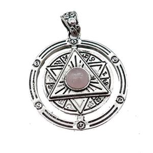 Zinc Alloy David Star Pendant Pave Rose Quartz Circle Antique Silver, approx 38mm