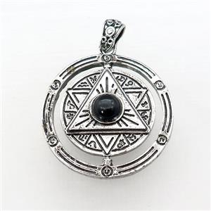 Zinc Alloy David Star Pendant Pave Black Obsidian Circle Antique Silver, approx 38mm