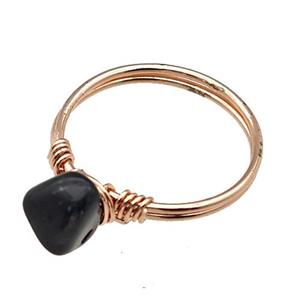 Copper Rings With Black Obsidian Wire Wrapped Rose Gold, approx 6-8mm, 18mm dia