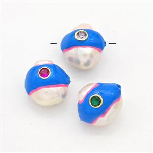 Natural White Pearl Potato Beads Pave Zirconia Blue Enamel, approx 13-16mm