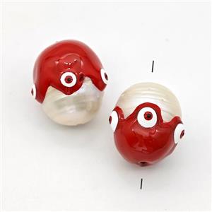 White Pearl Potato Beads Red Enamel Evil Eye, approx 13-16mm