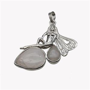 Alloy Fairy Pendant Pave Rose Quartz Platinum Plated, approx 35-40mm