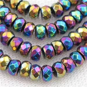 Hematite beads, faceted rondelle, rainbow electroplated, approx 3x4mm
