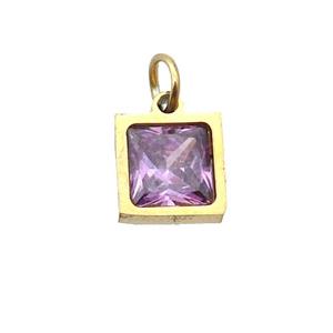 Stainless Steel Square Pendant Pave Purple Zircon Gold Plated, approx 6x6mm
