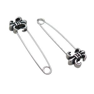 Stainless Steel Safety Pins Fleur De Lis Antique Silver, approx 9-13mm, 40mm