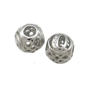 Raw Titanium Steel Round Beads Letter-Q Large Hole Hollow, approx 9-10mm, 4mm hole