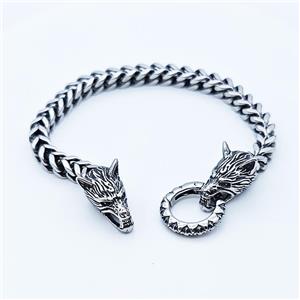 304 Stainless Steel Wolf Bracelet Antique Silver, approx 13-25mm, 19mm, 6mm, 21cm length