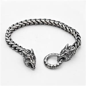 304 Stainless Steel Wolf Bracelet Antique Silver, approx 12-25mm, 19mm, 6mm, 21cm length