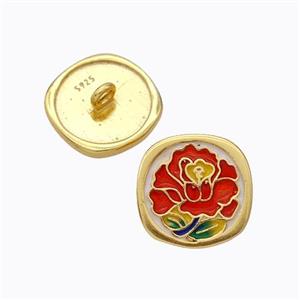 925 Sterling Silver Button Beads Flower Enamel Gold Plated, approx 10mm