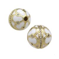 Copper Round Beads Pave Zircon White Enamel 18K Gold Plated, approx 14mm
