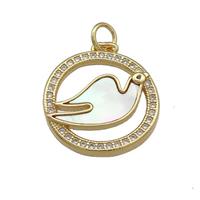 Copper Doves Birds Pendant Pave Shell Zircon Circle 18K Gold Plated, approx 18mm