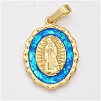 Virgin Mary Charms Copper Pendant Pave Blue Fire Opal 18K Gold Plated, approx 15.5-19mm