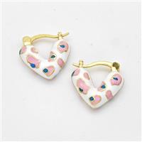 Copper Latchback Earrings Heart White Enamel Gold Plated, approx 16mm