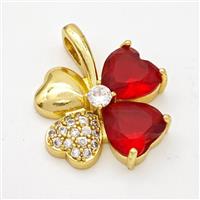 Copper Clover Pendant Pave Zirconia Red Crystal Glass Gold Plated, approx 20-24mm