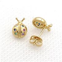Copper Stud Earring Pave Zircon Ladybug Gold Plated, approx 7.5-10mm