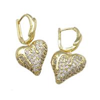 Copper Latchback Earrings Heart Pave Zircon Gold Plated, approx 16-18mm, 12-15mm