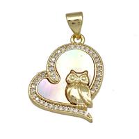 Copper Heart Pendant Pave Shell Zircon Owl Charms 18K Gold Plated, approx 18-19mm