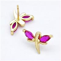 Copper Dragonfly Stud Earrings Pave Fuchsia Zirconia Gold Plated, approx 10-15mm