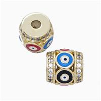 Copper Barrel Beads Pave Zirconia Multicolor Enamel Evil Eye Large Hole Gold Plated, approx 11mm, 3mm hole