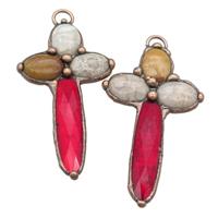 Coral Fossil cross pendant with ruby Glass, antique red, approx 35-65mm