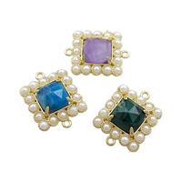 Copper Square Connector Pave Gemstone Pearlized Resin Mixed Gold Plated, approx 17x17mm
