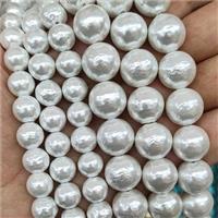 Baroque Style White Pearlized Shell Round Beads Hammered, approx 16mm dia