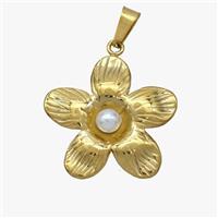 Stainless Steel Flower Pendant Pave Pearlized Resin Gold Plated, approx 22mm