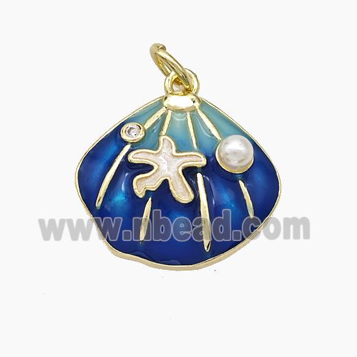 Copper Scallop Shell Pendant Pave Pearlized Resin Blue Painted Gold Plated