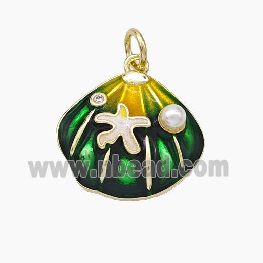 Copper Scallop Shell Pendant Pave Pearlized Resin Green Painted Gold Plated