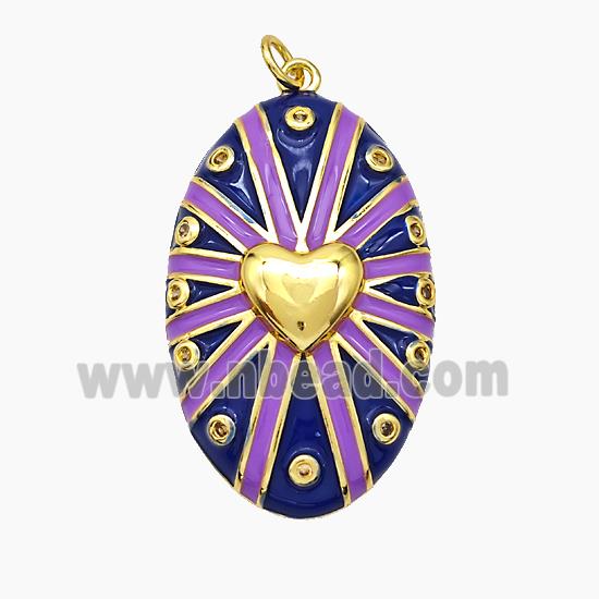 Copper Oval Pendant Blue Enamel Heart Gold Plated