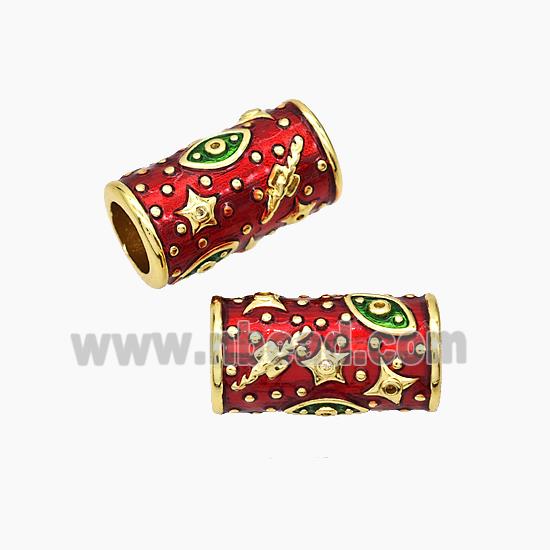 Copper Tube Beads Red Enamel Star Eye Large Hole Gold Plated
