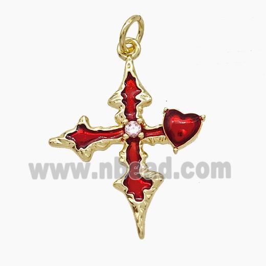 Copper Heart Cross Pendant Pave Zirconia Red Painted Gold Plated