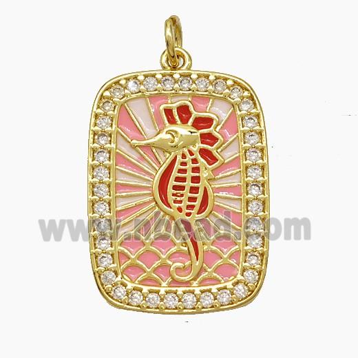 Copper Tarot Card Pendant Pave Zirconia Seahorse Red Enamel Gold Plated