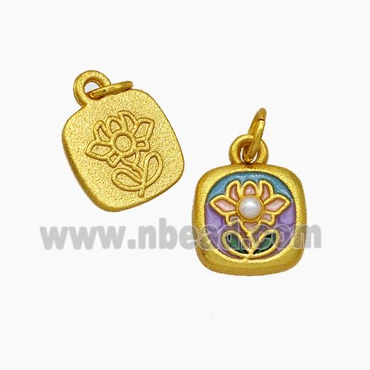 Copper Flower Pendant Pave Pearlized Resin Painted Gold Plated