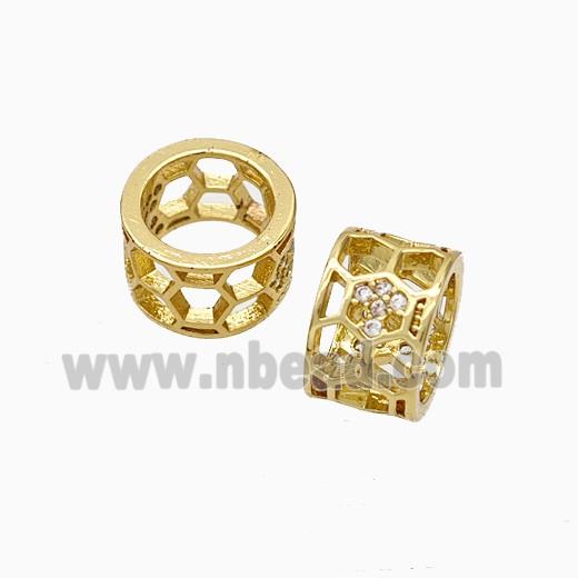 Copper Tube Beads Pave Zirconia Large Hole Hollow Gold Plated