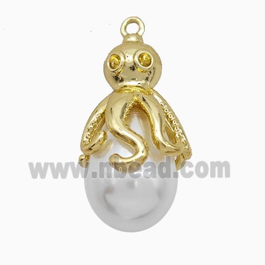 Copper Octopus Pendant Pave Pearlized Resin Cuttlefish Gold Plated